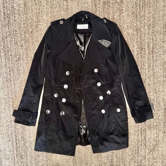 Calvin Klein Women's Double Breasted Black Button Trench Coat Jacket Size Small - Picture 3 of 15